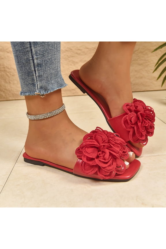 Womens Red Flat Slide Sandals Square Toe Open Toe Slip On with 3D Ruffled Flower Cushioned Lightweight Slides for Beach Daily Wear Size 6