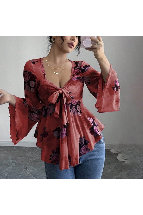 Womens Red Peplum Blouse with Eyelet Texture, Adjustable Bust Ruching & Flutter Sleeves, Stretchy Wrinkle-Resistant Machine-Washable Top,Size M