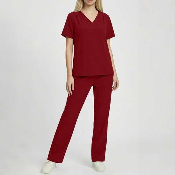 Avrnliq Womens Red Scrubs Set - V-Neck Short Sleeve Top with Front Patch Pockets & Straight Leg Pants Medical Uniform ,Size S