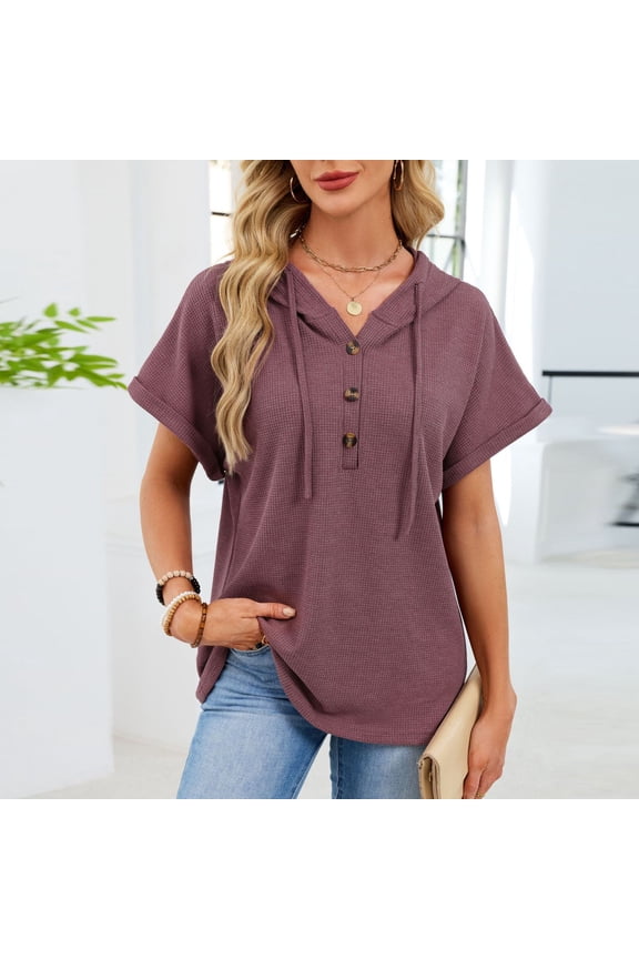 Womens Red Short Sleeve Henley Hoodie, Soft Breathable Relaxed Fit Casual Top with Adjustable Drawstring,Size M