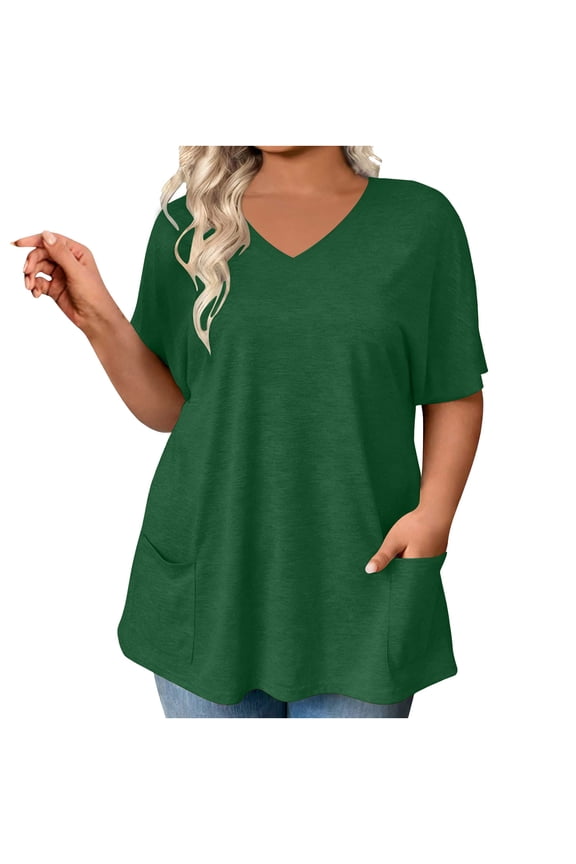 Womens Relaxed Fit V-Neck Pocket T-Shirt, Casual Short Sleeve Top with Side Pockets, Army Green, S-XXL, Comfortable Lounge Everyday Tee,Size M