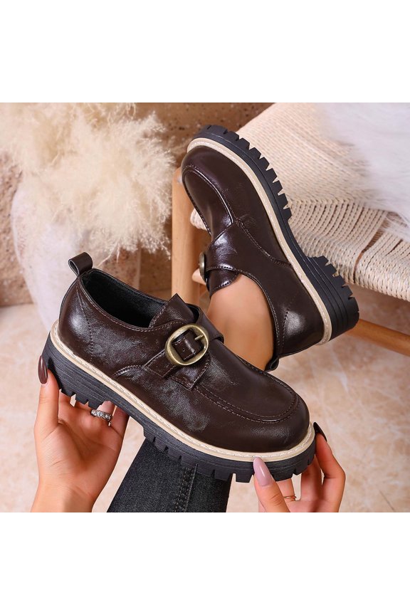 Womens Round Toe Chunky Sole Monk Strap Loafers, Platform Slip-On with Buckle Detail, PU Faux Leather Upper Rubber Outsole, Comfortable Brown Loafers for Daily Wear,Size 36