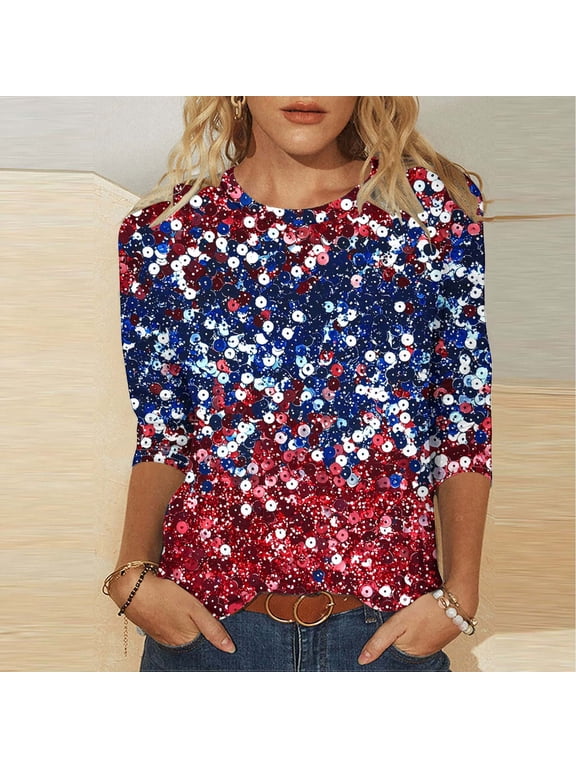 Womens Sequined American Flag Tunic Top, 3/4 Sleeve Red White Blue Stars & Stripes Blouse, Casual Glitter Shirt for Independence Day Memorial Day,Size S