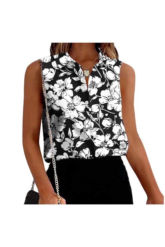 Womens Sleeveless Blouse, Black White Floral Print, Collared V-Neck Button Down, Stretchy Lightweight Top, S-XXXL,Size XL