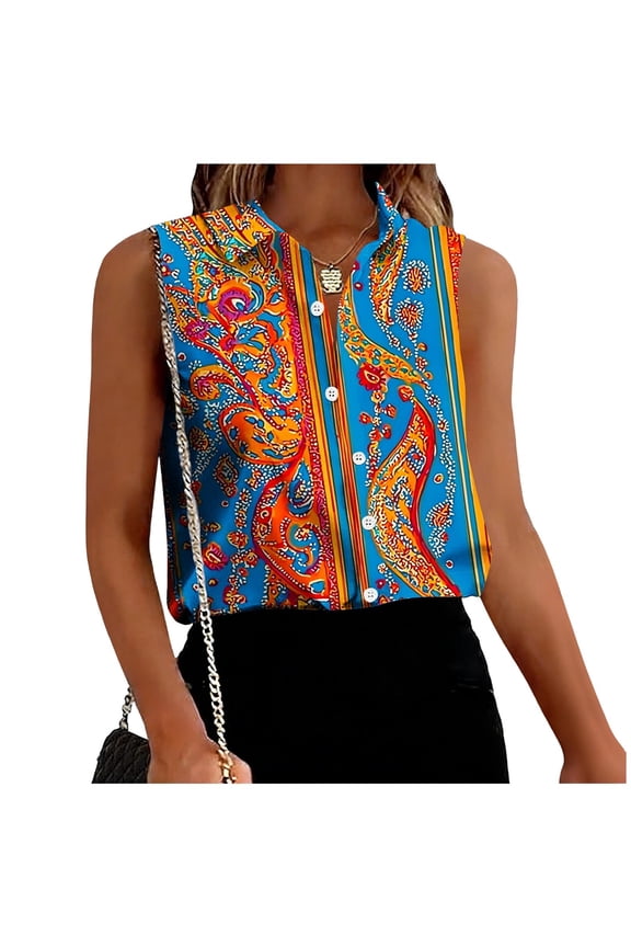 Womens Sleeveless Button Down Collared Blouse, Paisley Print, Lightweight Stretch Summer Top,Size XL