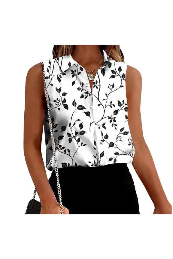 Womens Sleeveless Collared Blouse, Black Floral Vine Print, Wrinkle Resistant Breathable Versatile Smart Casual Top (S-XXXL),Size 3XL