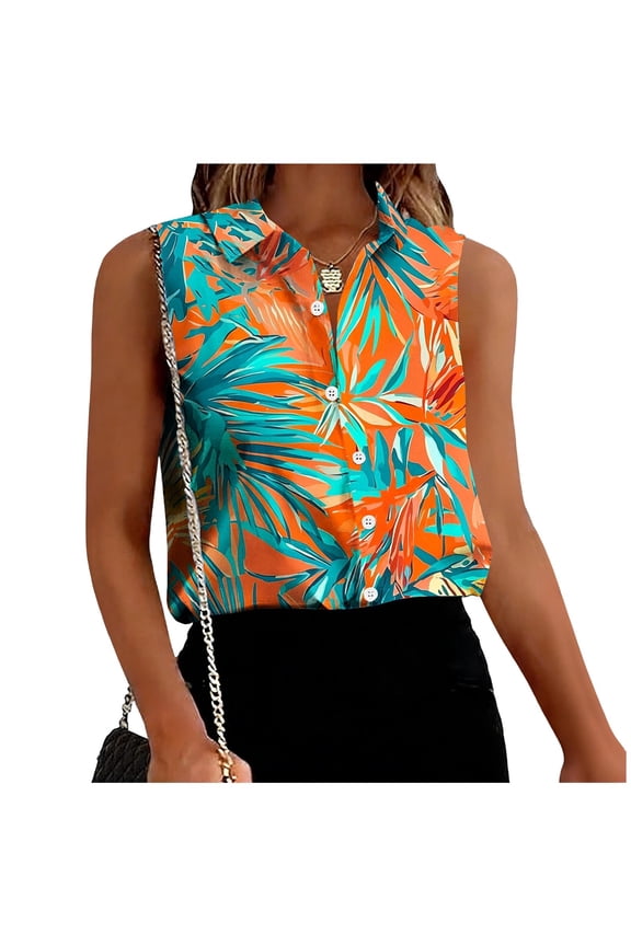 Womens Sleeveless Tropical Blouse, Palm Leaf Print Button Down Collared Top, Lightweight Stretch Sizes S-XXXL,Size 2XL
