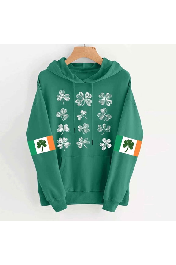 Womens St Patrick's Day Irish Green Hoodie, Shamrock & Ireland Flag Print Casual Lightweight Polyester Hooded Sweatshirt with Kangaroo Pocket, XS-XL,Size S