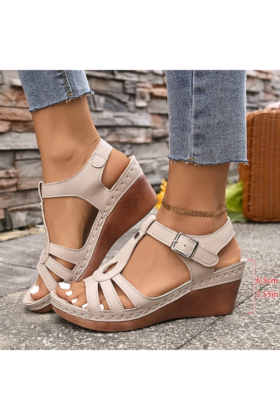Womens T-Strap Wedge Sandals Beige Open Toe Adjustable Ankle Buckle Comfortable PU Arch Support Summer Casual Sandals US 5-12 Size 8.5
