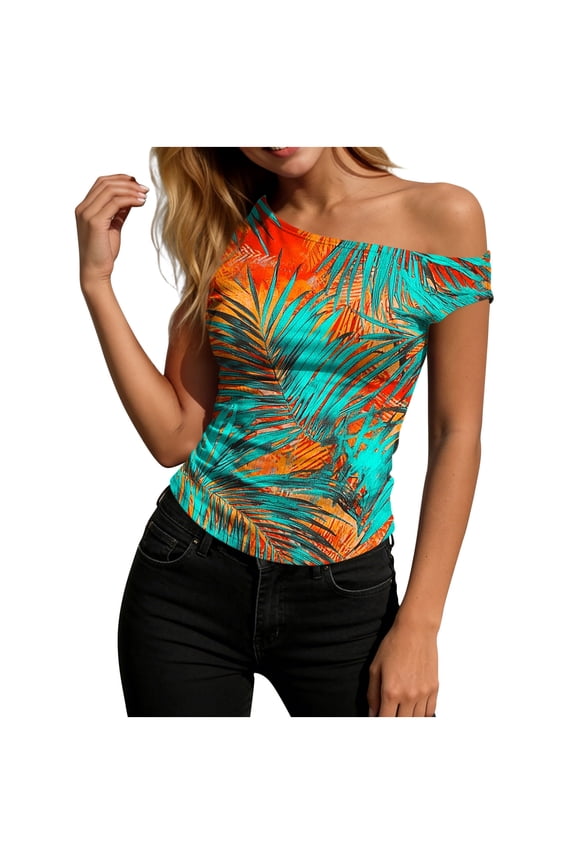 Womens Tropical Palm Print Off-the-Shoulder Top Fitted Short Sleeve Summer Tee,Size S
