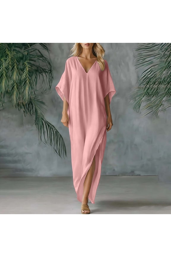Womens V-Neck Kaftan Maxi Dress Loose Kimono Sleeve Side Slit Casual Beach Loungewear Caftan,Size S