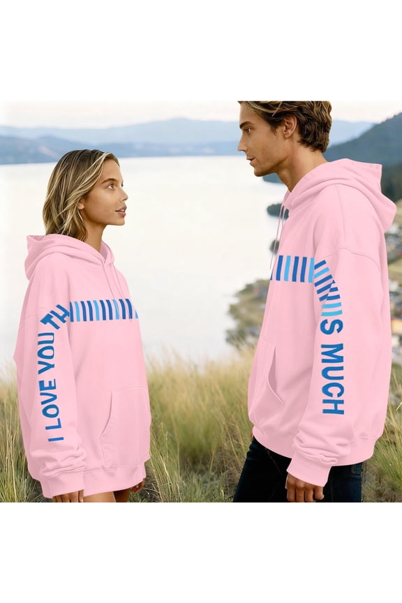 Womens Valentine's Day Hoodie, Pink Oversized Pullover with I Love You Sleeve Graphic, Cozy Fleece Gift for Her, Casual Lounge Sweatshirt,Size 3XL