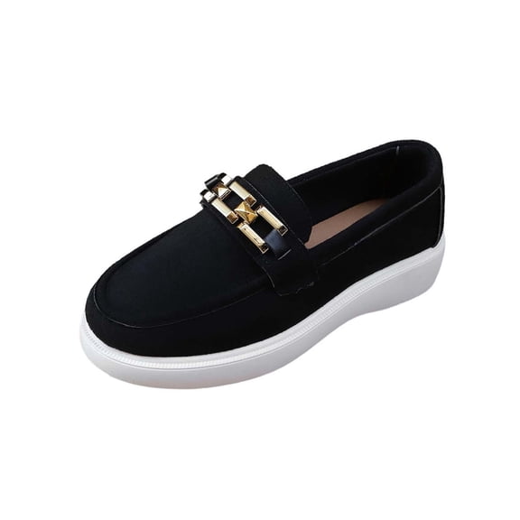 Avrnliq Womens Velvet Platform Loafers with Gold Chain Detail - Chunky Sole Slip On Comfort Shoes, Black,Size 42