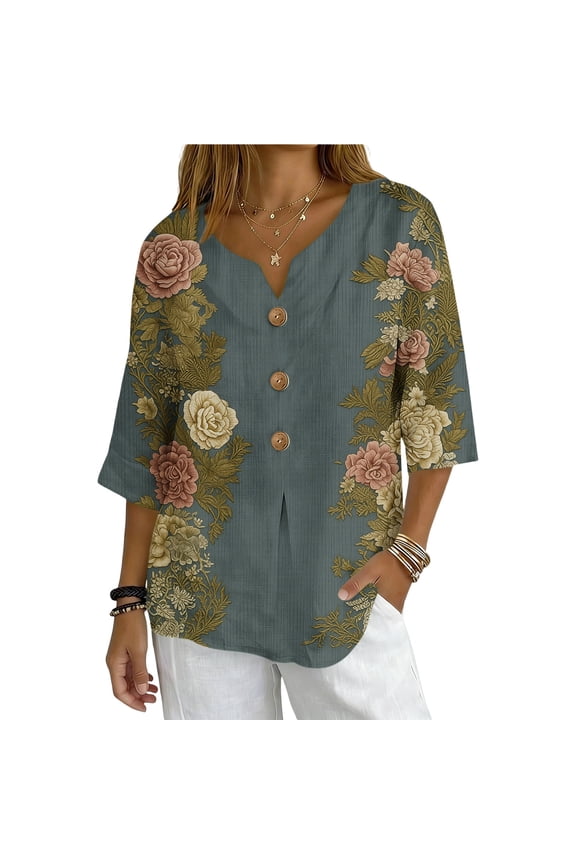 Womens Vintage Floral Print V-Neck 3/4 Sleeve Relaxed Fit Wrinkle-Resistant Multicolor Tunic Top,Size XL