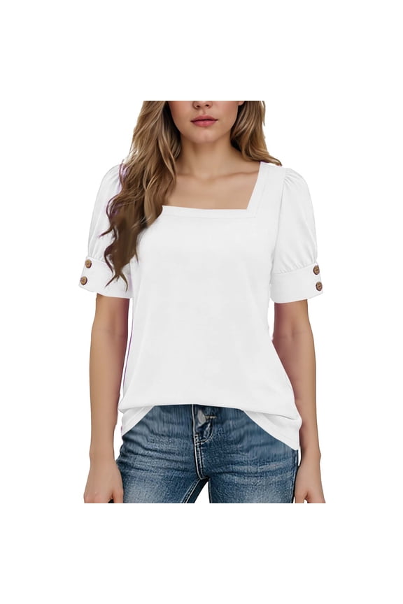 Womens White Blouse, Square Neck Puff Sleeve Top Relaxed Fit, Stretchy Casual & Business Casual Shirt Easy Care,Size 2XL