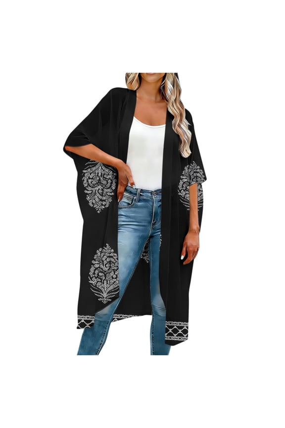 Womens White Boho Kimono Swimsuit Cover Up - Plus Size Midi Length Open Front Lightweight Duster for Layering & Beach Cover Up,Size 2XL