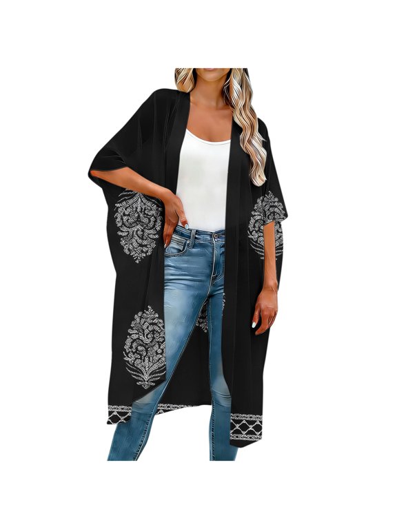 Womens White Boho Kimono Swimsuit Cover Up - Plus Size Midi Length Open Front Lightweight Duster for Layering & Beach Cover Up,Size 2XL