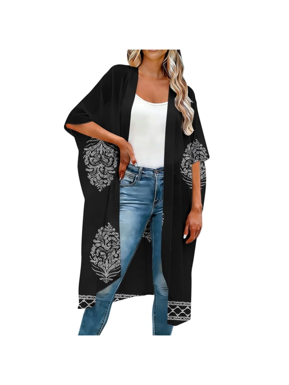 Womens White Boho Kimono Swimsuit Cover Up - Plus Size Midi Length Open Front Lightweight Duster for Layering & Beach Cover Up,Size 4XL