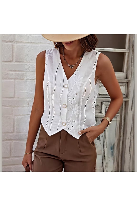 Womens White Eyelet Embroidery Vest Top V-Neck Sleeveless Button-Down Floral Lace Blouse Casual & Elegant Wear,Size M