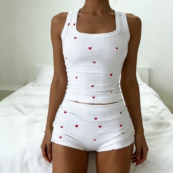 Avrnliq Womens White Heart Print Ribbed 2 Piece Set, Square Neck Crop Tank Top & High Waisted Shorts, Slim Fit Soft Stretchy Casual Summer Outfit,Size S