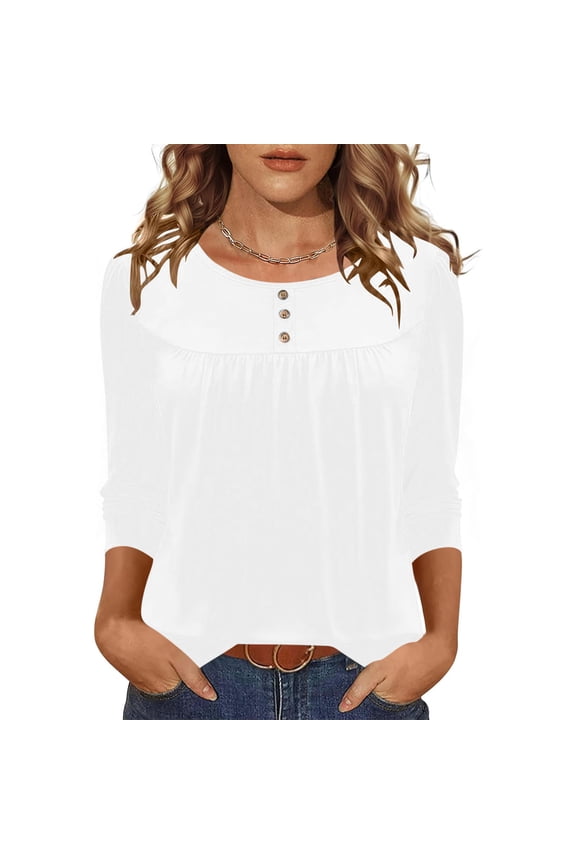Womens White Henley Blouse 3/4 Sleeve Casual Top with Puff Shoulder & Ruched Neck, Basic Relaxed Fit Polyester Spandex Shirt for Office & Everyday,Size 2XL