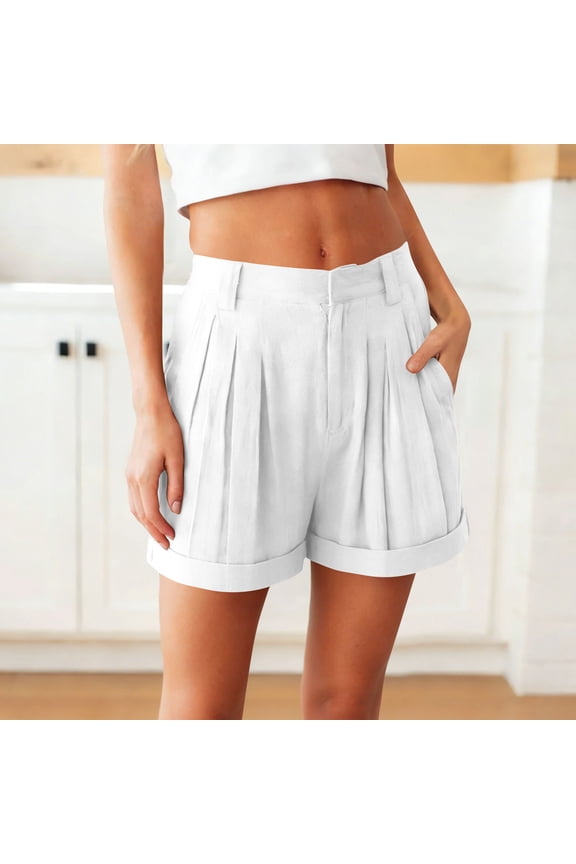 Womens White High Waisted Pleated Shorts 100% Cotton High Rise Breathable Summer Casual Shorts with Tummy Control Rolled Hem & Functional Pockets for Everyday Wear,Size 2XL