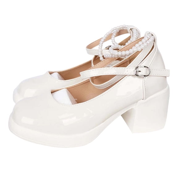 Avrnliq Womens White Mary Jane Platform Shoes Chunky Block Heel with Pearl Ankle Strap Y2K Cottagecore Glossy PU Casual Dressy,Size 37
