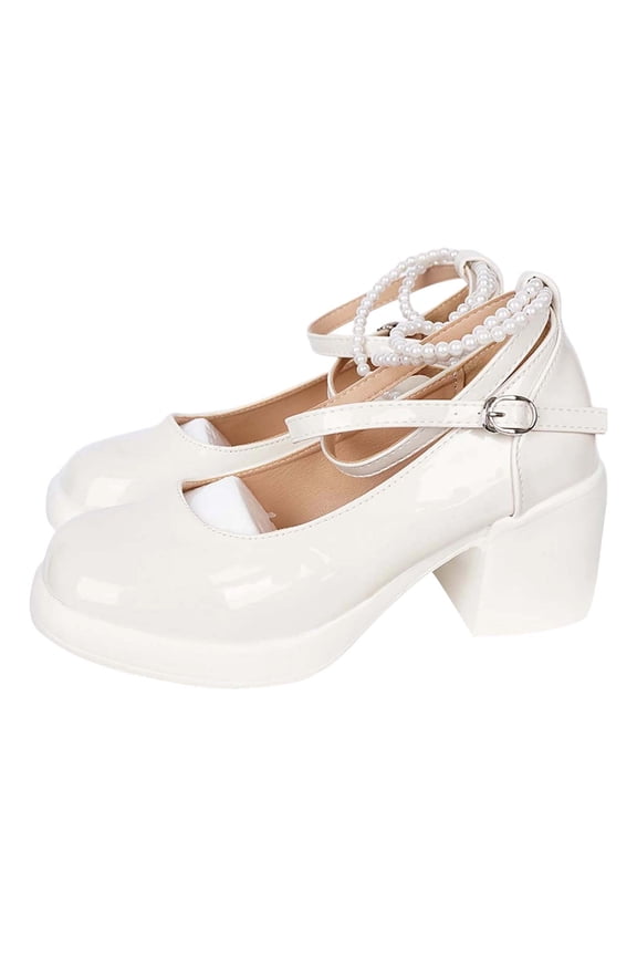 Womens White Mary Jane Platform Shoes Chunky Block Heel with Pearl Ankle Strap Y2K Cottagecore Glossy PU Casual Dressy,Size 40