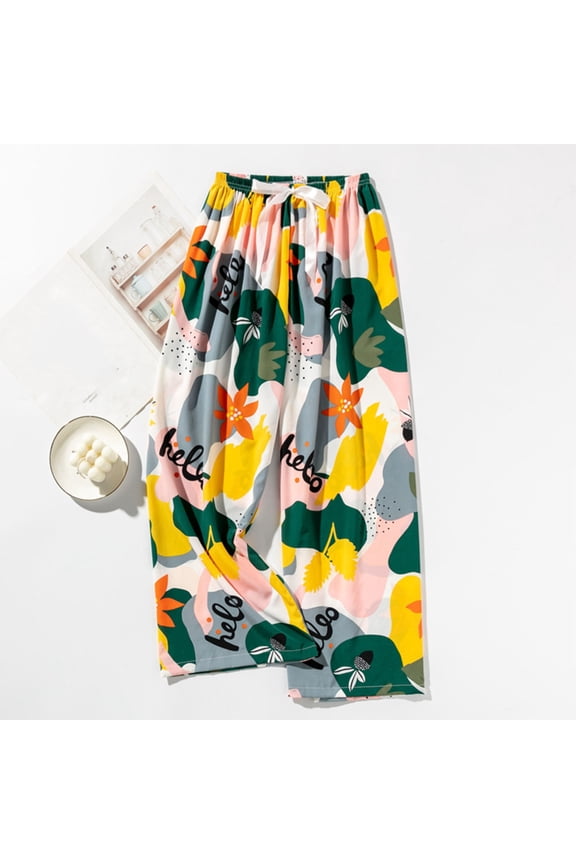 Womens Wide Leg Lounge Pants Yellow Pajama Pants Floral Printed Elastic Waist Pajama Bottoms Casual Comfy Sleepwear,Free Size