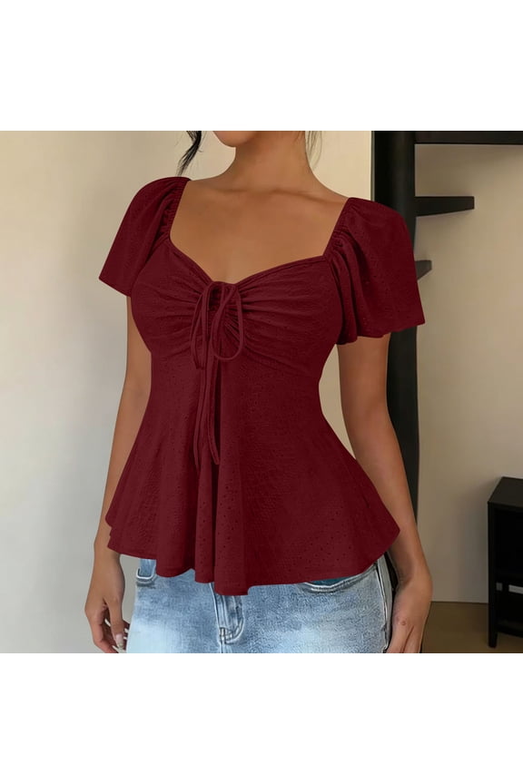 Womens Wine Peplum Blouse - Stretchy Flutter Sleeve Sweetheart Neckline Ruched Bust Eyelet Texture All-Day Comfort Top,Size L