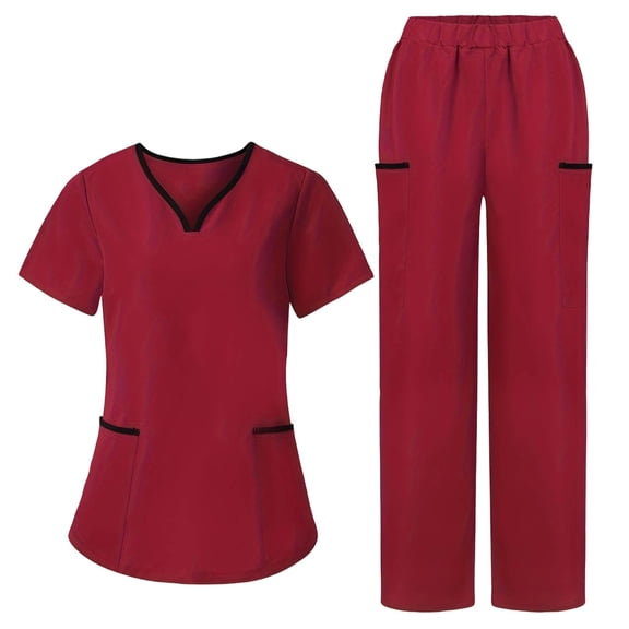 Avrnliq Womens Wine Stretch Medical Scrub Set - Short Sleeve with Pockets, 1 Top & 1 Pant for Nurses & Healthcare Workers,Size M