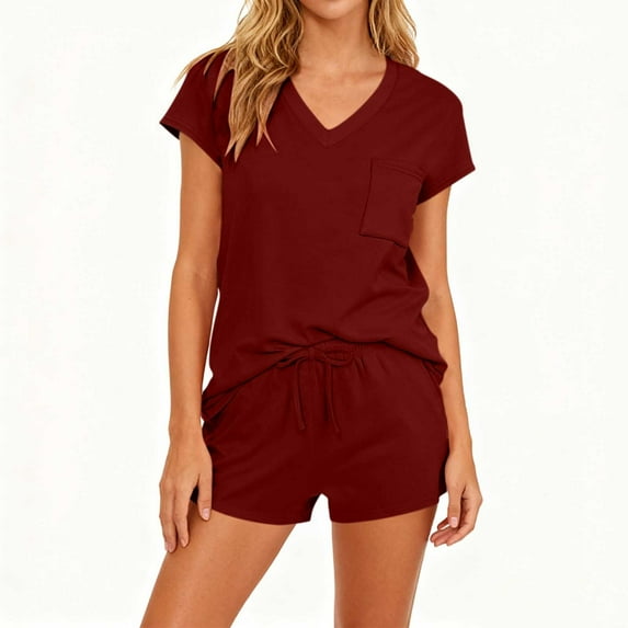 Avrnliq Womens Wine Two-Piece Romper Set, Comfortable V-Neck Short Sleeve with Adjustable Drawstring Waist, Soft Stretch Fabric, Front Pocket & Knotted Hem (S-XXL),Size S