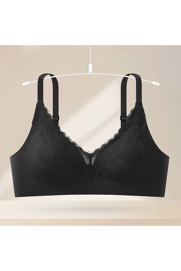 Womens Wireless Lace Bra No Underwire Seamless Bralette with Adjustable Straps Comfortable Everyday Bra Black,Size L