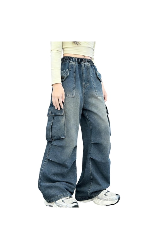 Womens Y2K Wide Leg Cargo Jeans, High Rise Elastic Waist Blue Denim Pants, Streetwear Baggy Flap Pocket Casual Trousers for Juniors XS-XL,Size 6-7T