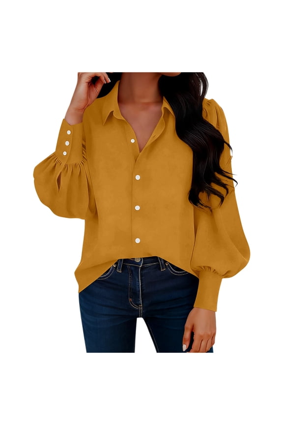 Womens Yellow Blouse Puff Sleeve - Button Down Casual Top, Relaxed Fit Shirt for Everyday & Weekend, Sizes S-XXL,Size 2XL