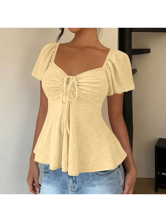 Womens Yellow Peplum Blouse Stretchy Flutter Sleeve Sweetheart Neckline Peplum Top Ruched Bust Eyelet Texture Comfortable Shirt,Size M