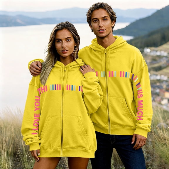 Avrnliq Yellow Oversized Hoodie Women I Love You Valentine's Day Sweatshirt Zip Up Plus Size Tunic Hoodie Dress Gifts for Her,Size M