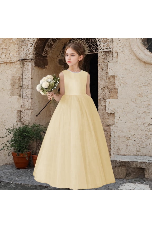 Yellow Sleeveless Tulle Flower Girl Dress Lace Trim for Girls 3-14Y Wedding First Communion,Size 2-3T
