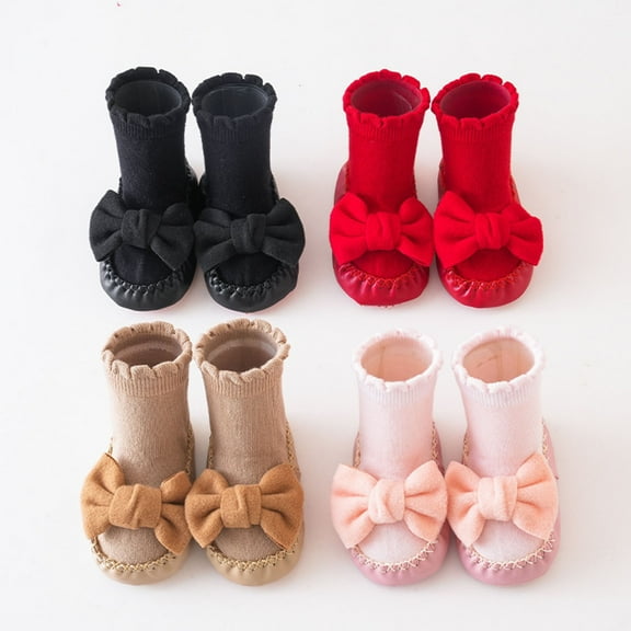 Avrntaa Baby Knit Slipper Socks Cute Bow Trim Toddler Sock Shoes Little Girls Non-Slip House Boots