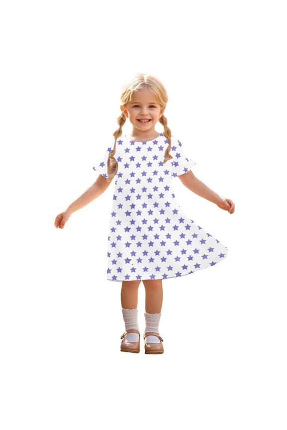Casual Girls' Dotted Summer Dress: Ruched Short Sleeve Swing Dress with A-Line Cut for 3-12 Years