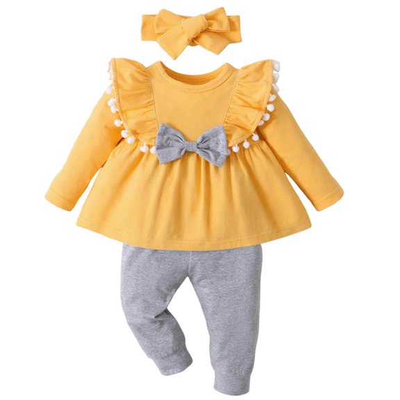 Avrntaa Cute Clothes for Toddler Baby Girl Ruffle Long Sleeve Bow T Shirt Solid Jogger Headband Infant Girl 3PCS Outfits Set