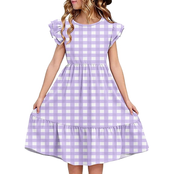 Avrntaa Cute Ruffle Sleeve Girls Summer Dress Casual Crewneck Swing A-Line Midi Dress for Age 5 to 14