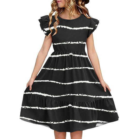 Avrntaa Cute Ruffle Sleeve Girls Summer Dress Casual Crewneck Swing A-Line Midi Dress for Age 5 to 14