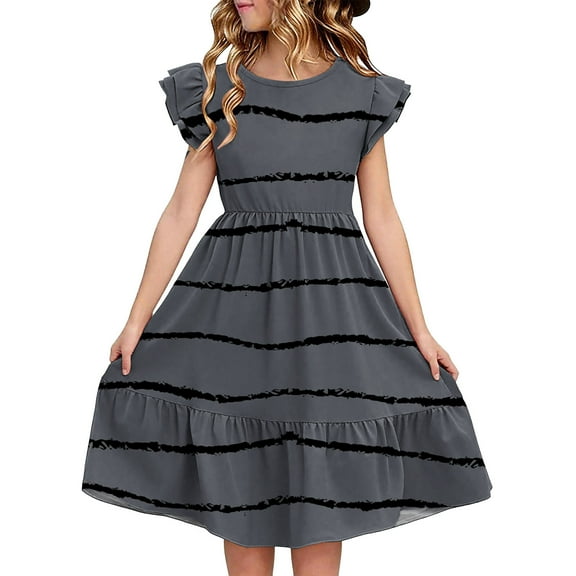 Avrntaa Cute Ruffle Sleeve Girls Summer Dress Casual Crewneck Swing A-Line Midi Dress for Age 5 to 14