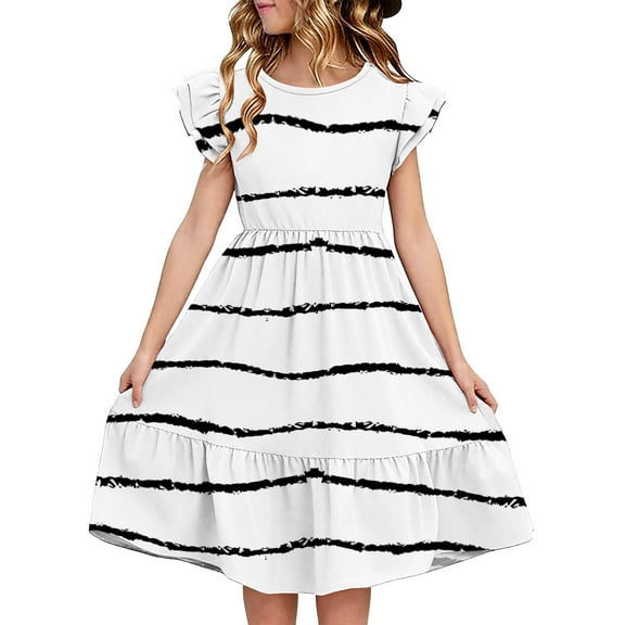 Avrntaa Cute Ruffle Sleeve Girls Summer Dress Casual Crewneck Swing A-Line Midi Dress for Age 5 to 14