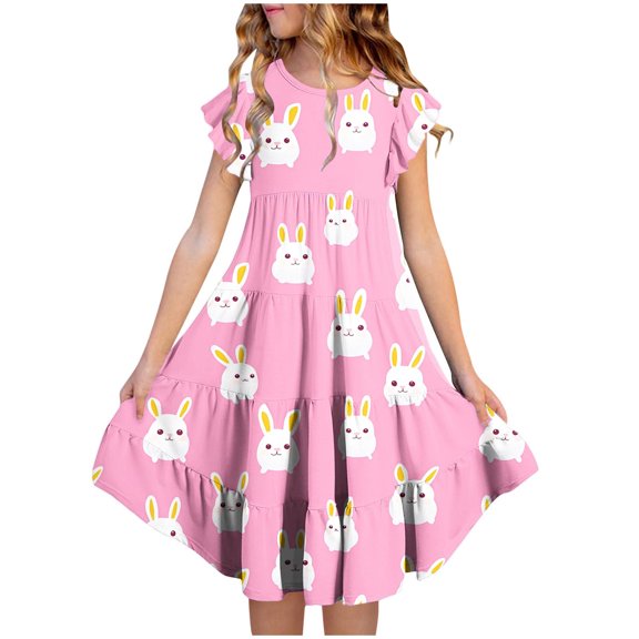 Avrntaa Cute Summer Dress for Girls Funny Rabbit Graphic Easter Dresses Ruffle Short Sleeve A-Line Sundress for 4-13Y
