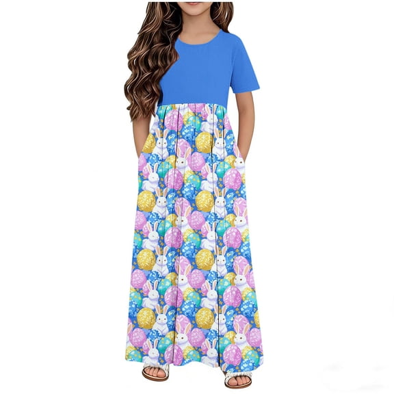 Avrntaa Easter Maxi Dress for Girls Short Sleeve Casual Dresses with Pocket Cute Print Summer A-line Dresses 4-14Y