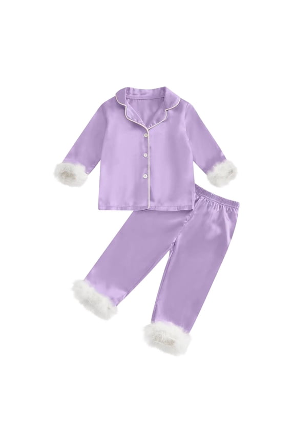 Fall Lounge Outfits for Little Girls Fluffy Trim Button Down Shirts and Pant Comfy Thermal Sets for 2-14Y
