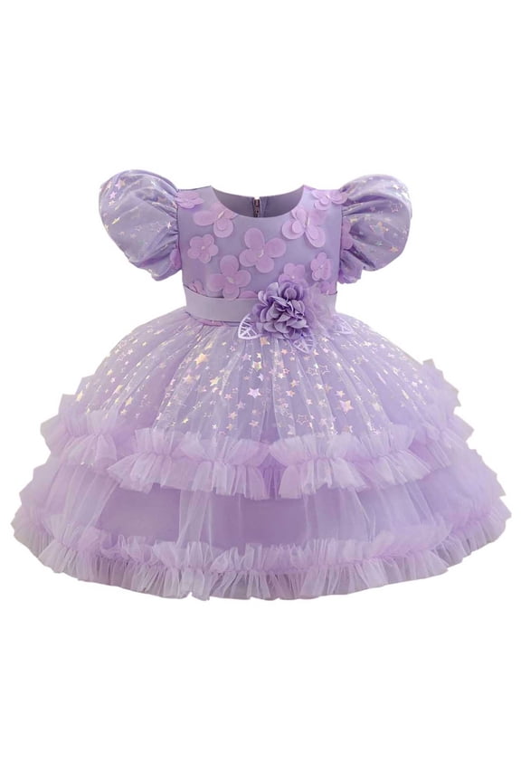 Flower Girls Applique Tulle Dress Cute Star Print Wedding Princess Dresses Birthday Party Pageant Prom Ball Gown