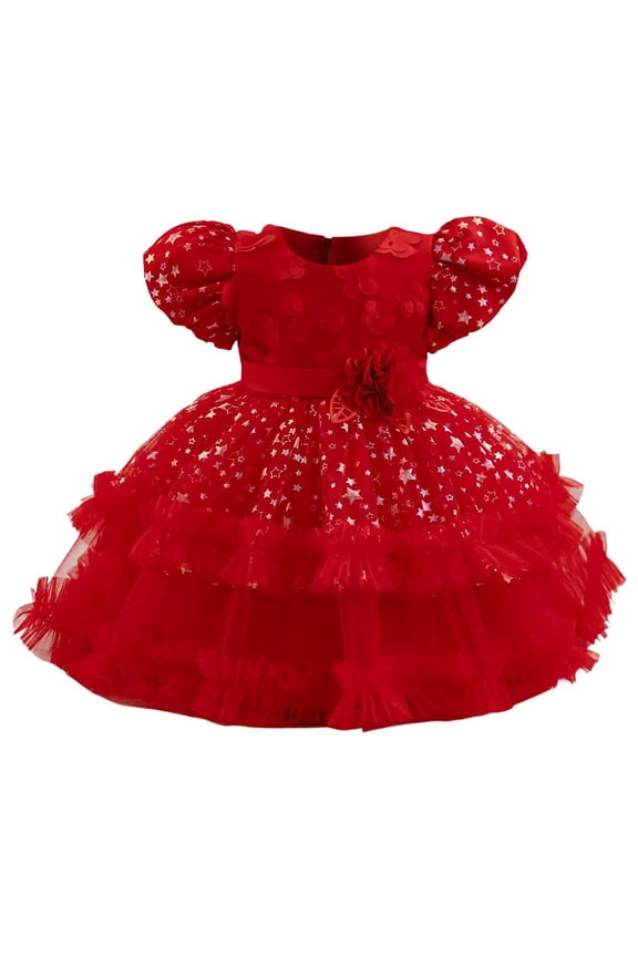 Flower Girls Applique Tulle Dress Cute Star Print Wedding Princess Dresses Birthday Party Pageant Prom Ball Gown